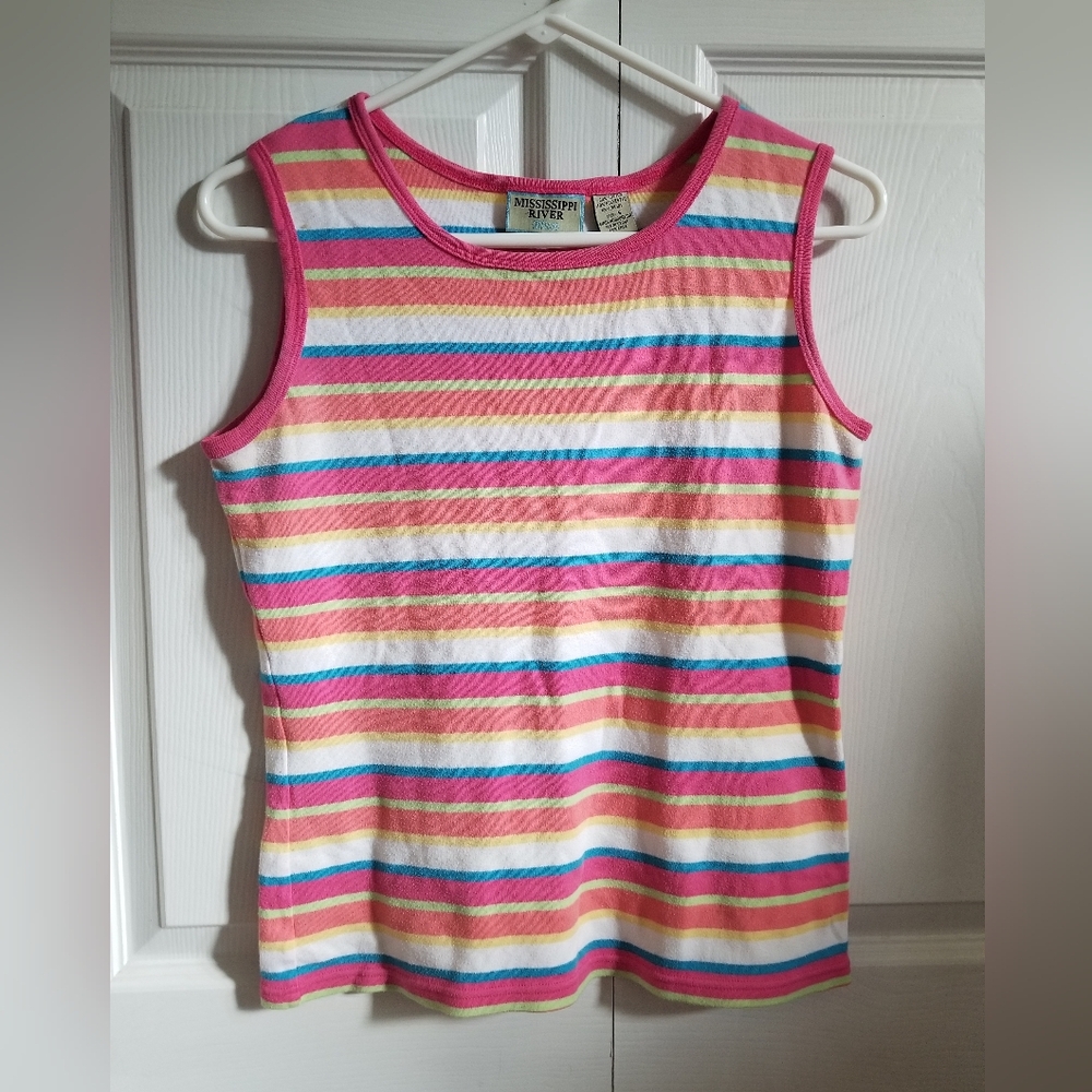 Women's Tank Top S Pink Blue Coral Yellow White Striped VTG Y2K **CLEARANCE**